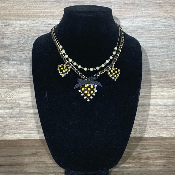Betsy Johnson Black and Yellow Polka Dot Heart Necklace - Picture 3 of 4